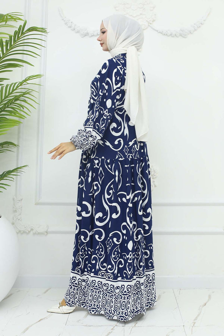 BNG Women Desenli Viskon Elbise Lacivert 2425 - Mountain View