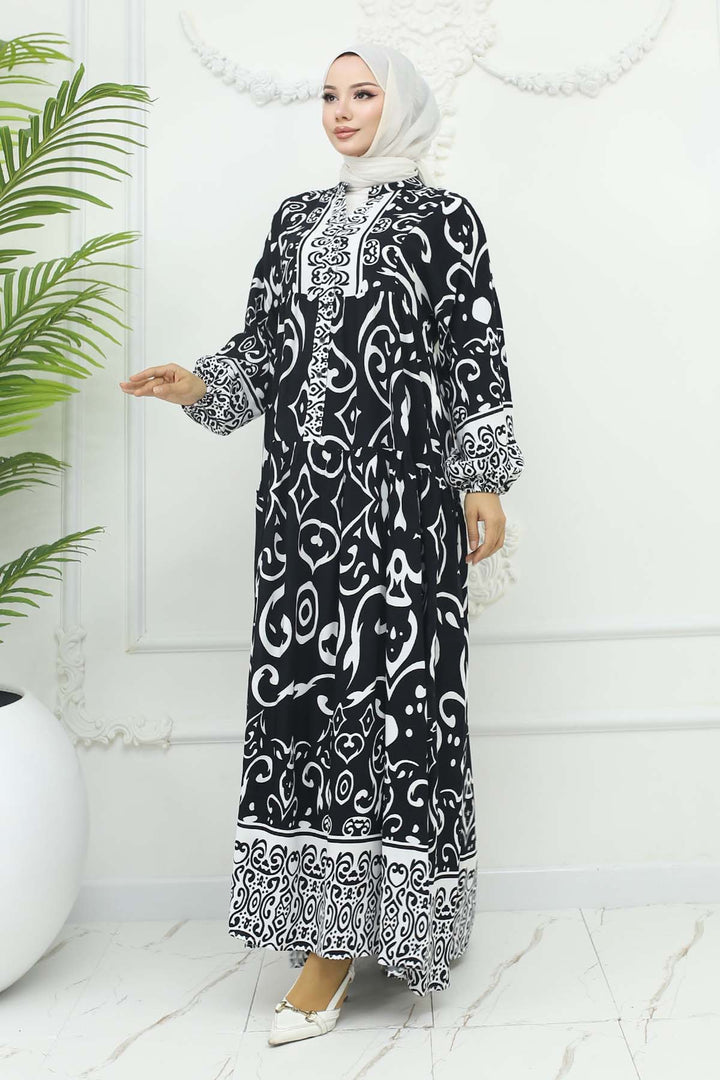 BNG Women Patterned Viscose Dress Black 2425 - Borken