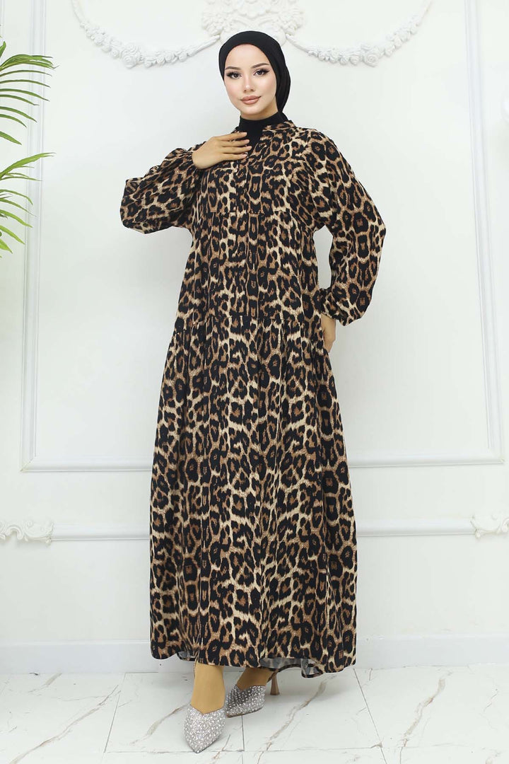 BNG Women Leopar Desenli Viskon Elbise Leopar 2427 - Zongolica