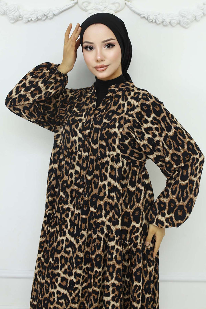 BNG Women Leopar Desenli Viskon Elbise Leopar 2427 - Zongolica