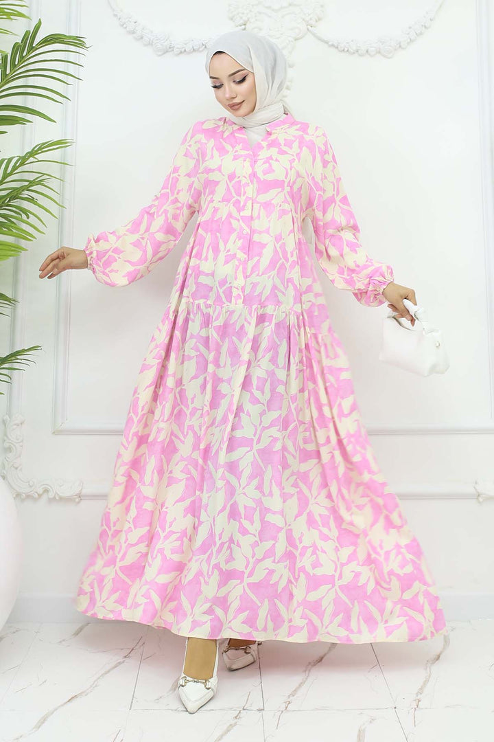 BNG Women Desenli Viskon Elbise Pembe 2424 - Atotonilco el Alto