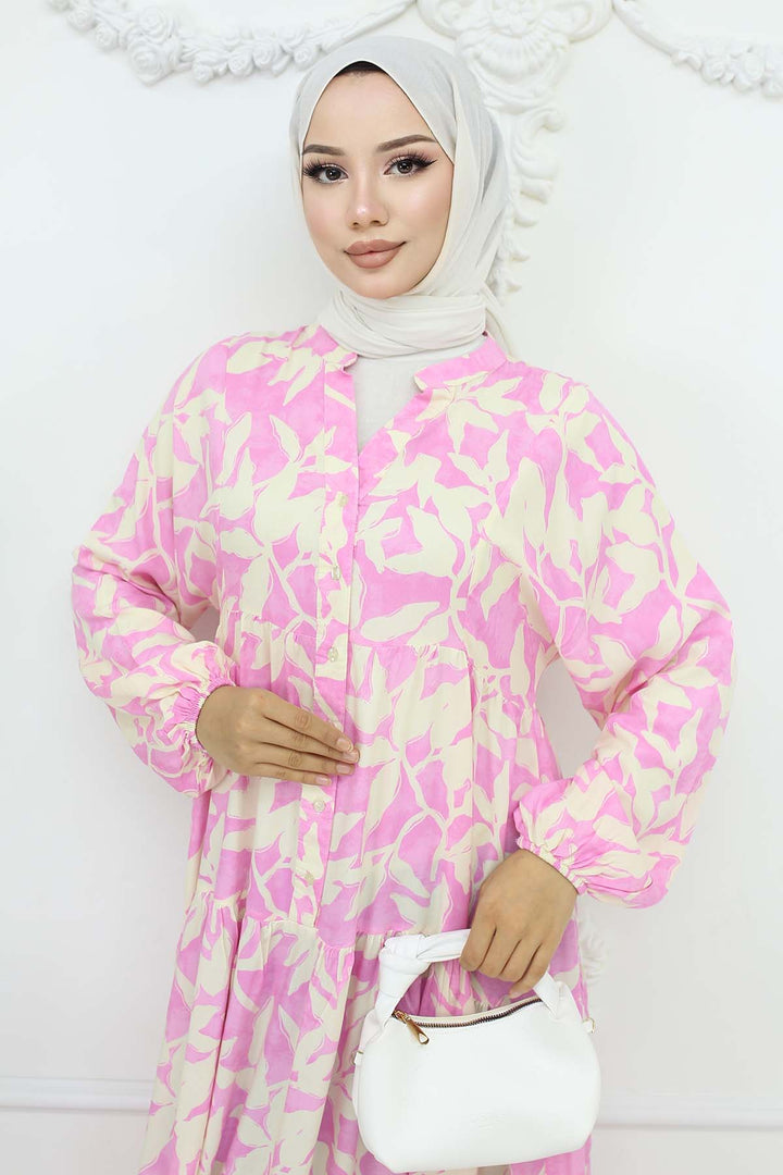 BNG Women Desenli Viskon Elbise Pembe 2424 - Atotonilco el Alto