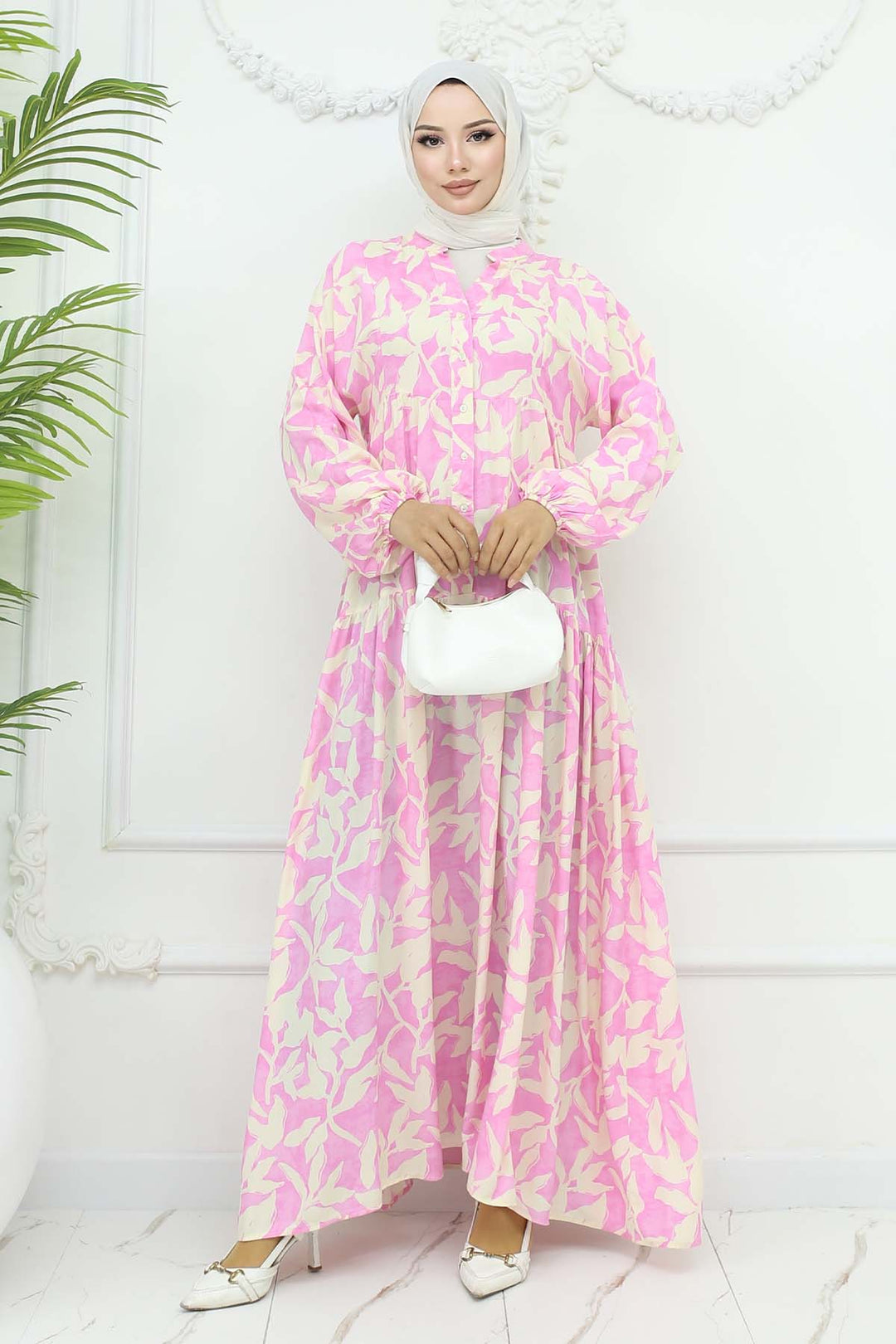 BNG Women Desenli Viskon Elbise Pembe 2424 - Atotonilco el Alto