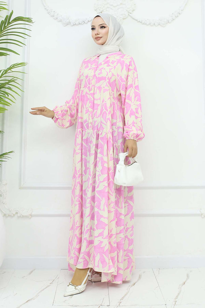 BNG Women Desenli Viskon Elbise Pembe 2424 - Atotonilco el Alto