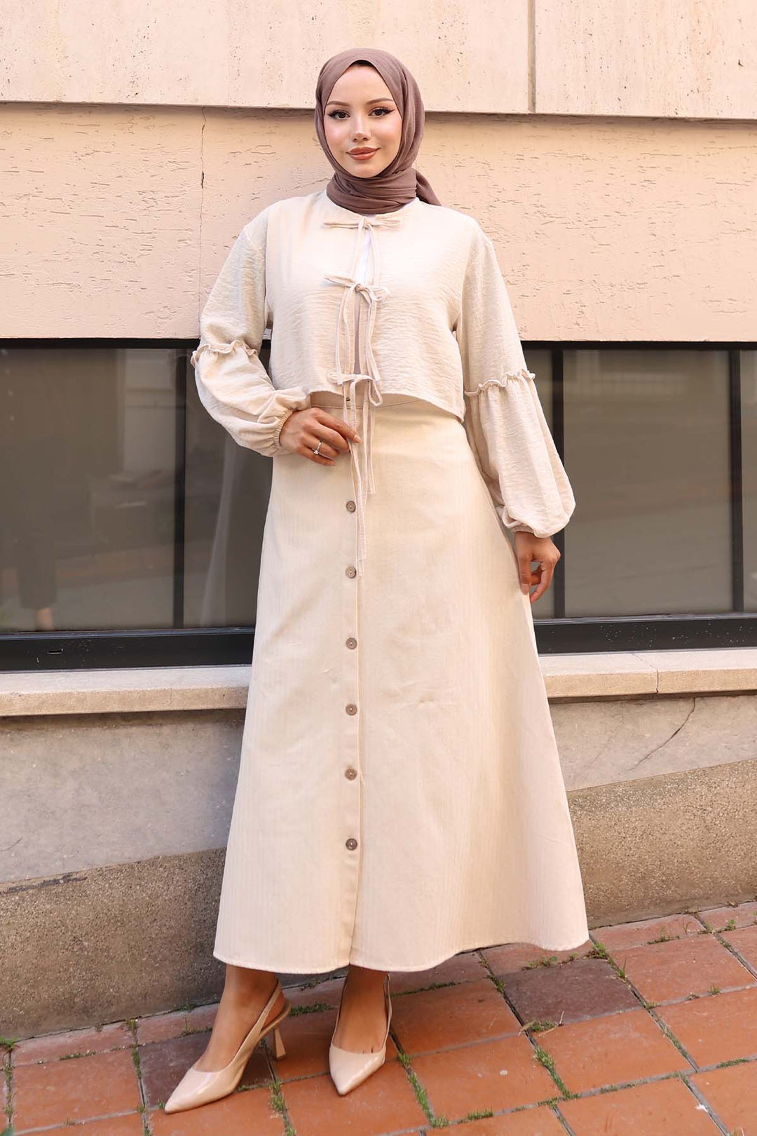 BNG Women Önden Düğmeli Keten Etek Taş Rengi 8046 - Casalnuovo di Napoli