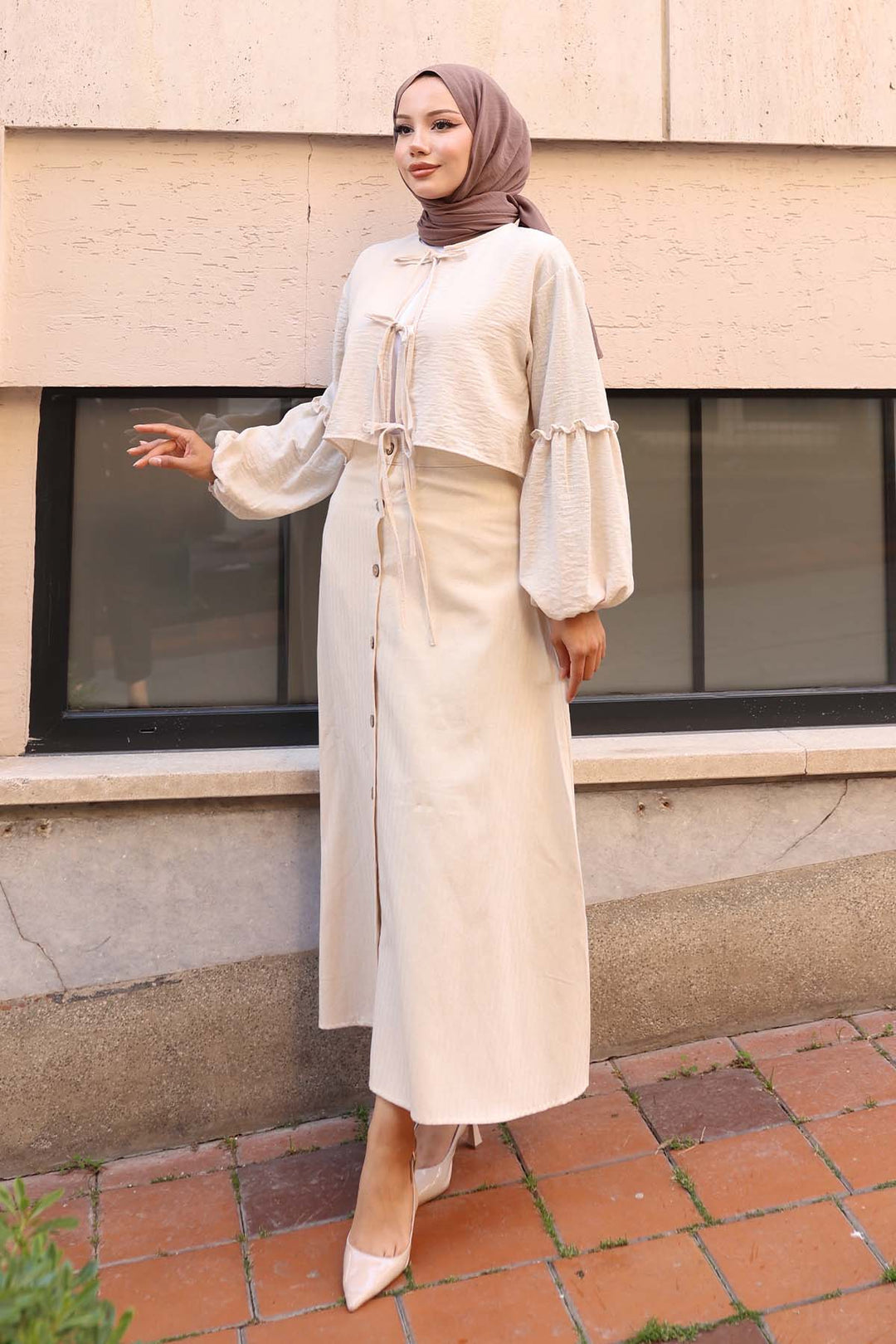 BNG Women Önden Düğmeli Keten Etek Taş Rengi 8046 - Casalnuovo di Napoli