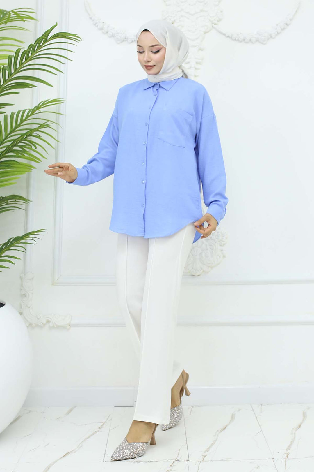 BNG Women Keten Gömlek Mavi 20153 - Blainville