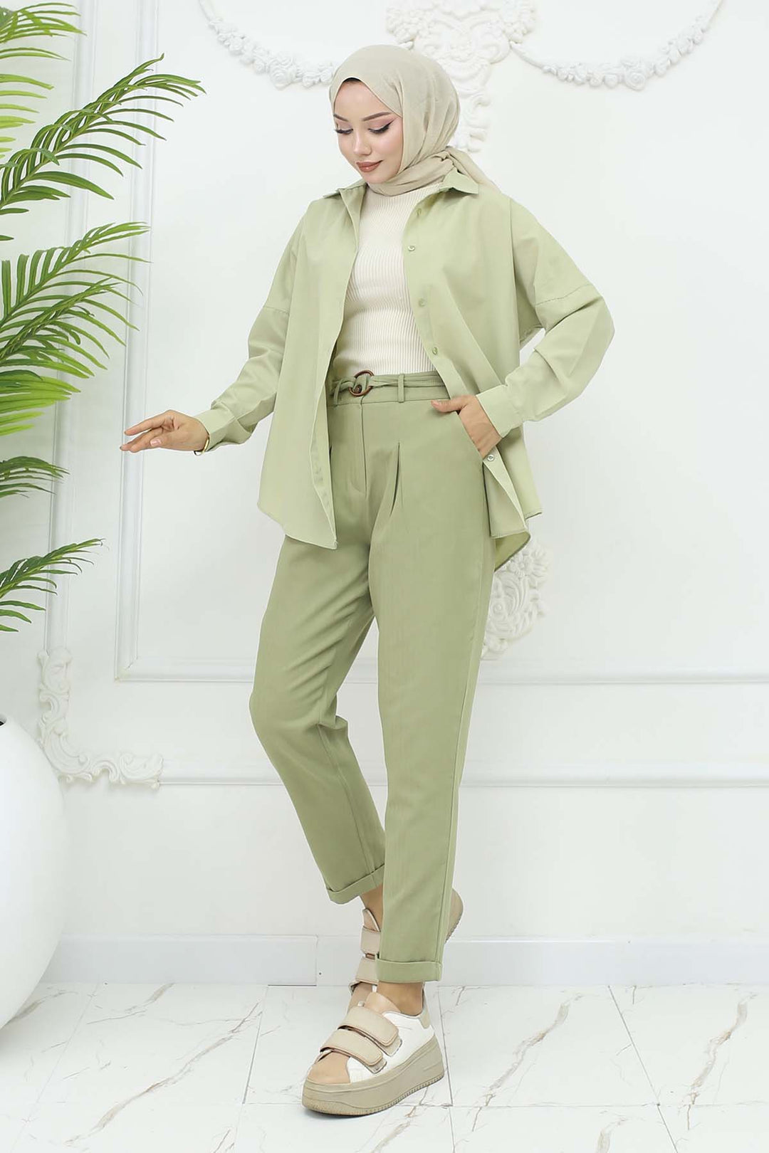 BNG Women Kemerli Keten Pantolon Çağla 6660 - Haverford