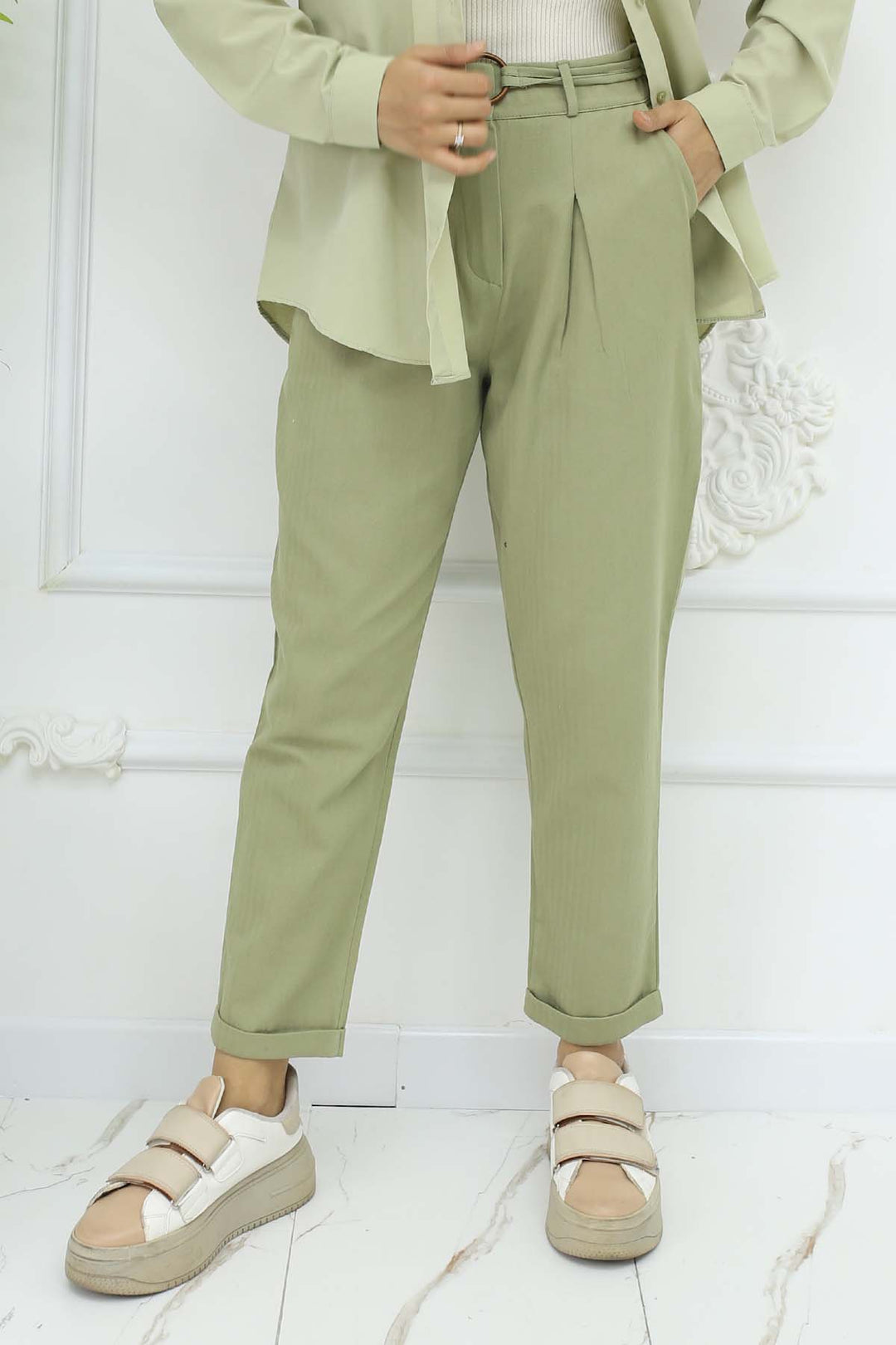 BNG Women Kemerli Keten Pantolon Çağla 6660 - Haverford