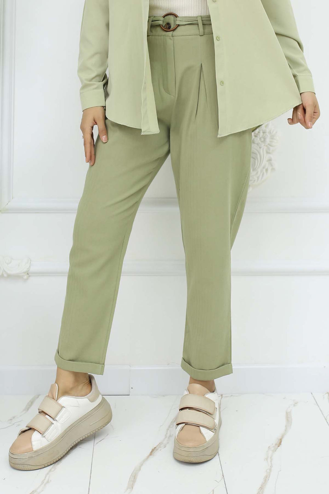 BNG Women Kemerli Keten Pantolon Çağla 6660 - Haverford