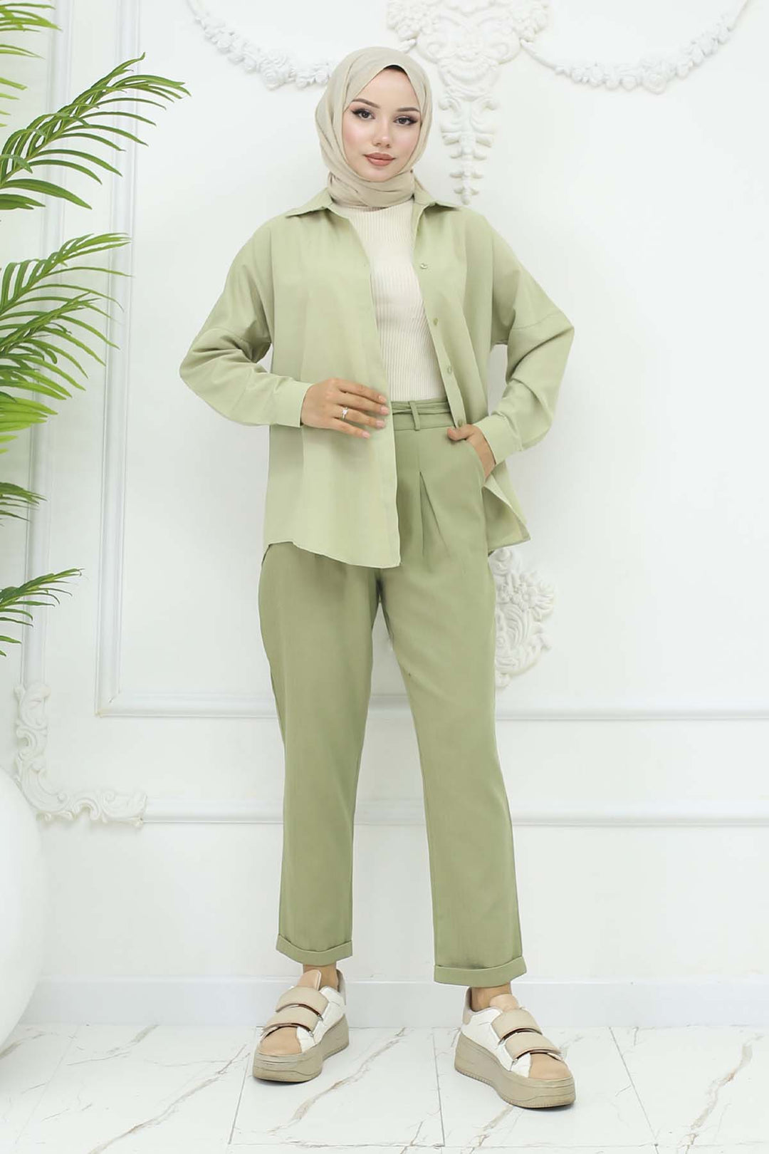 BNG Women Kemerli Keten Pantolon Çağla 6660 - Haverford