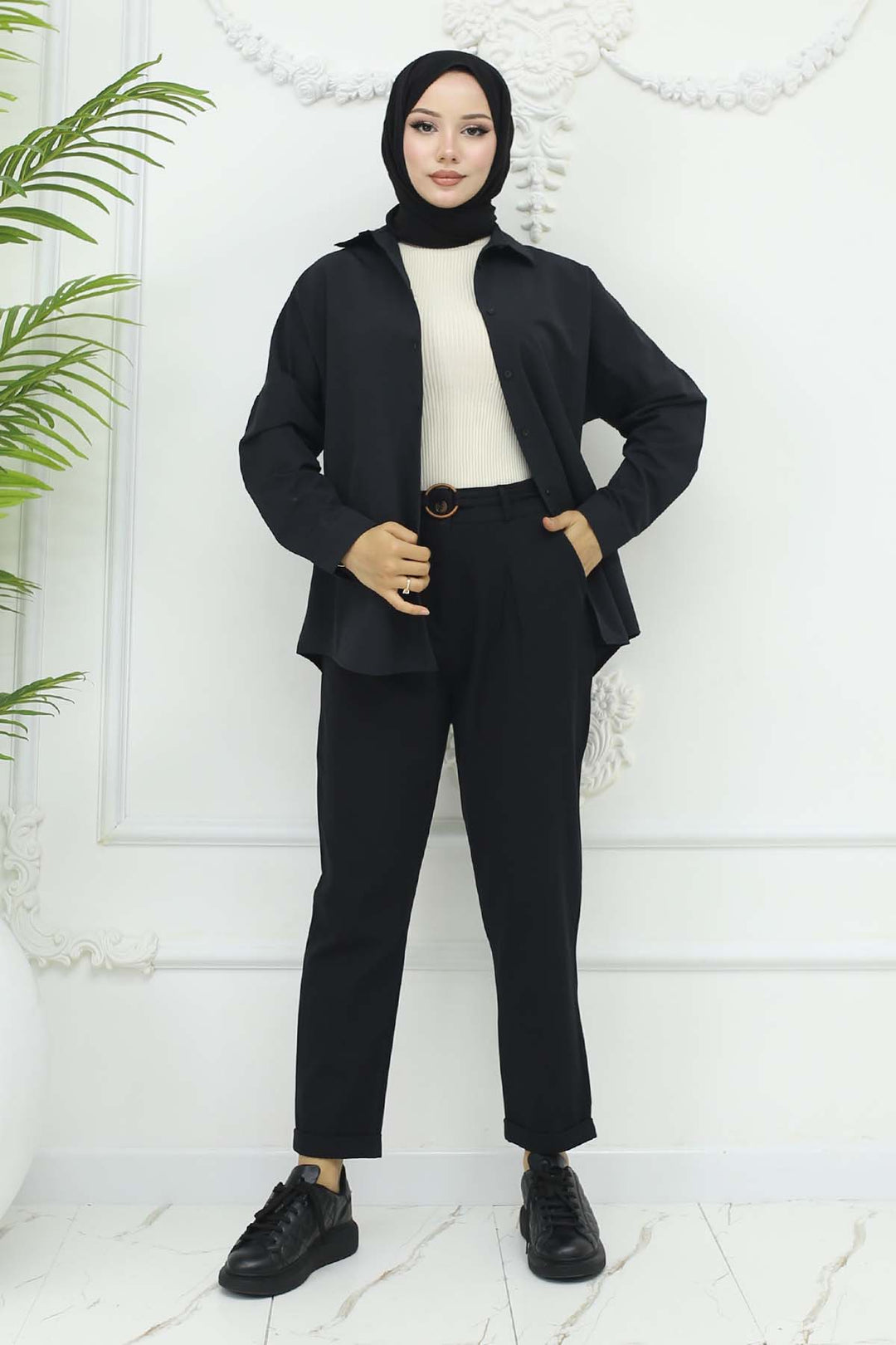 BNG Women Kemerli Keten Pantolon Siyah 6660 - Rainham