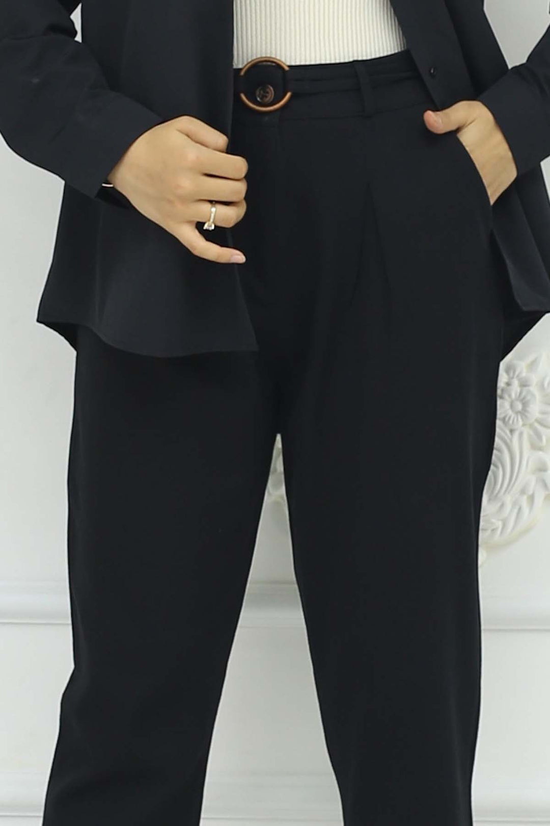 BNG Women Kemerli Keten Pantolon Siyah 6660 - Rainham