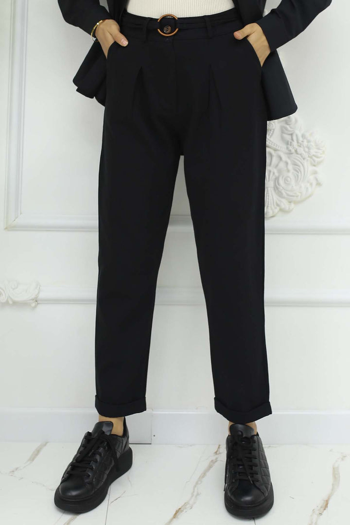 BNG Women Kemerli Keten Pantolon Siyah 6660 - Rainham