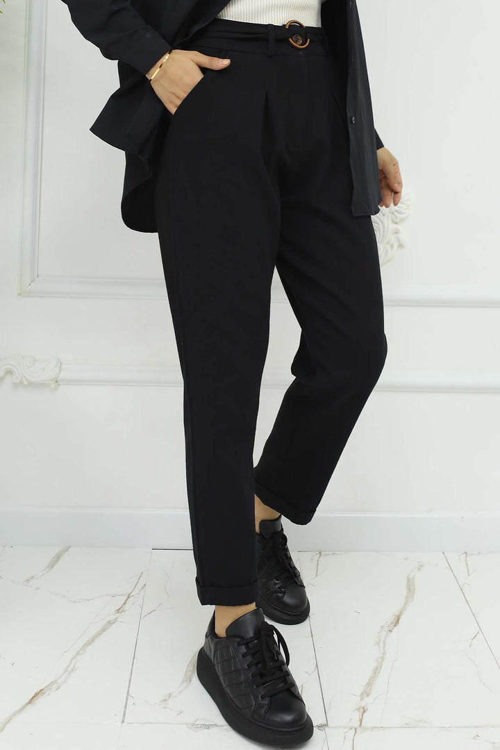 BNG Women Kemerli Keten Pantolon Siyah 6660 - Rainham