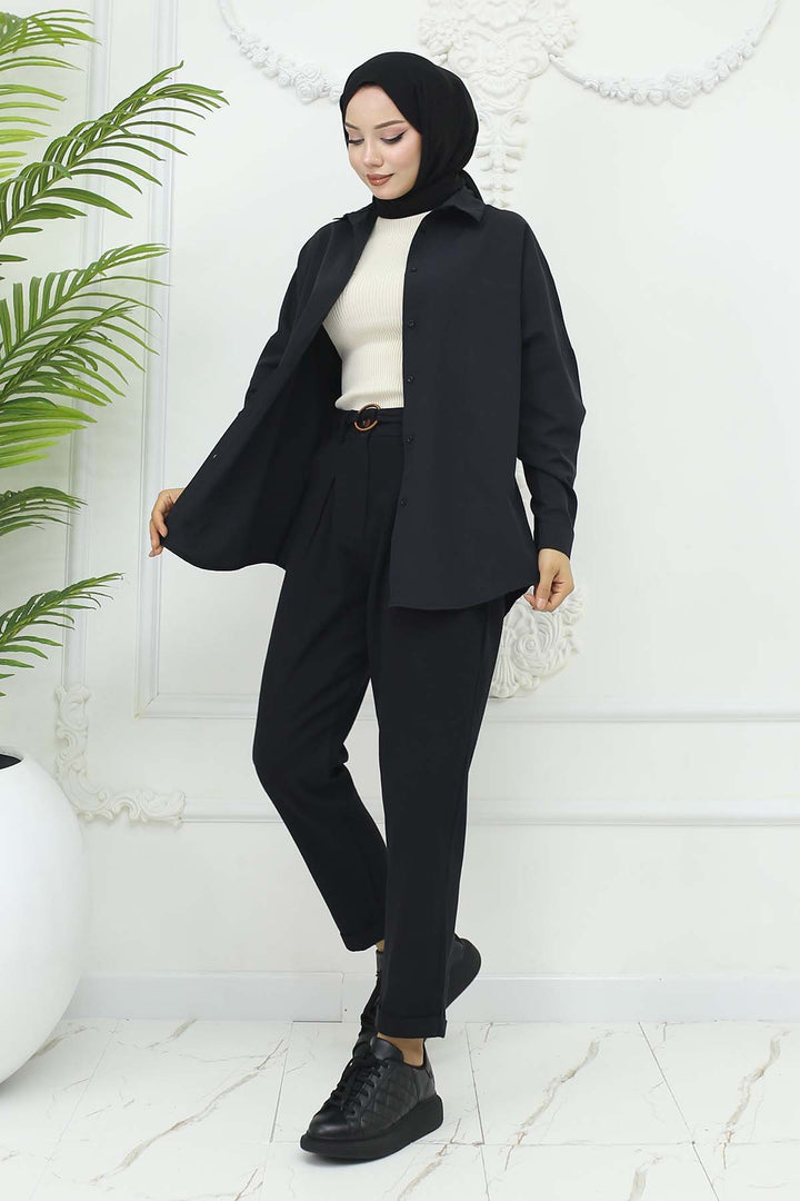 BNG Women Kemerli Keten Pantolon Siyah 6660 - Rainham