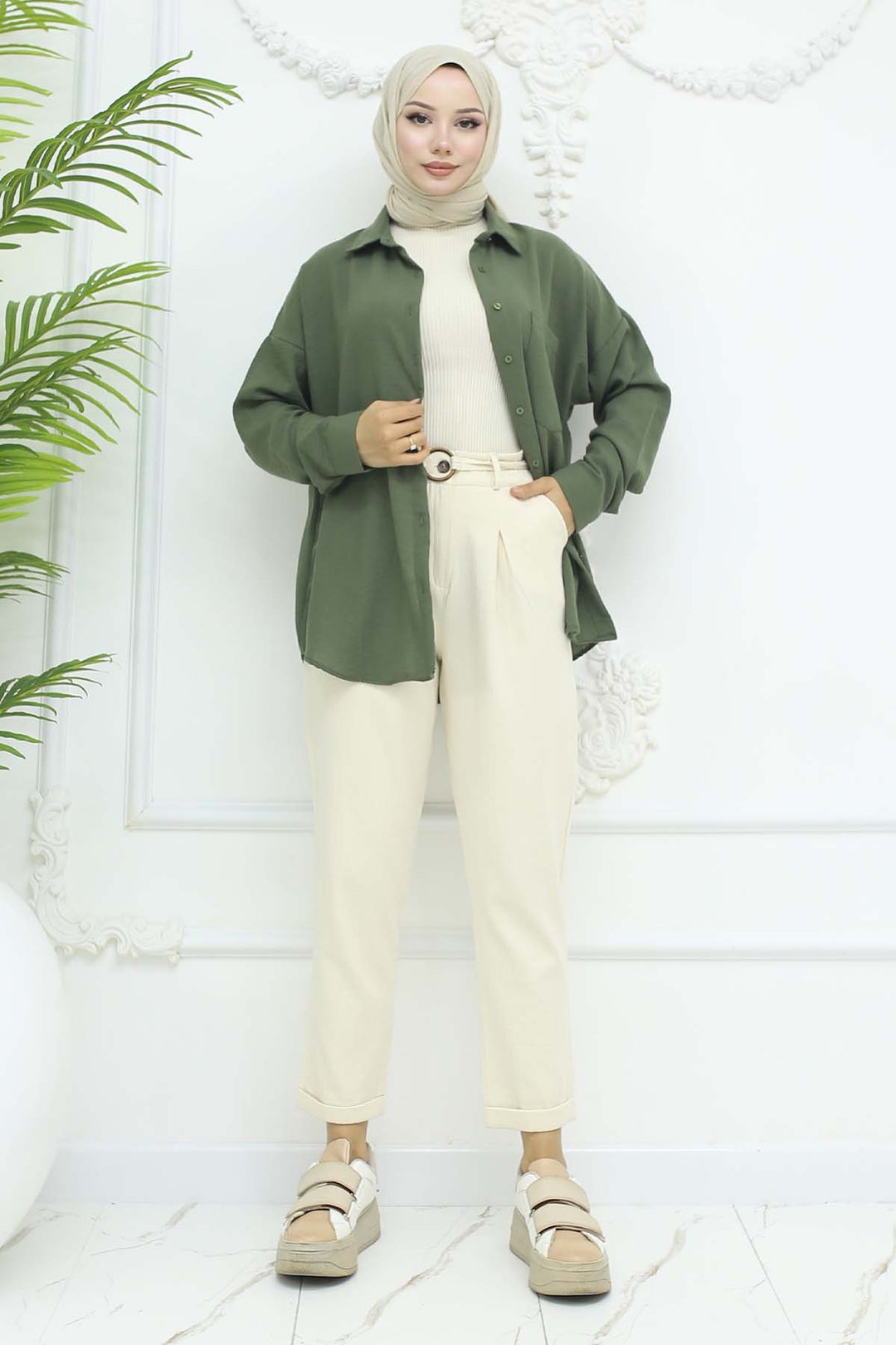 BNG Women Kemerli Keten Pantolon Taş Rengi 6660 - Apaseo el Grande