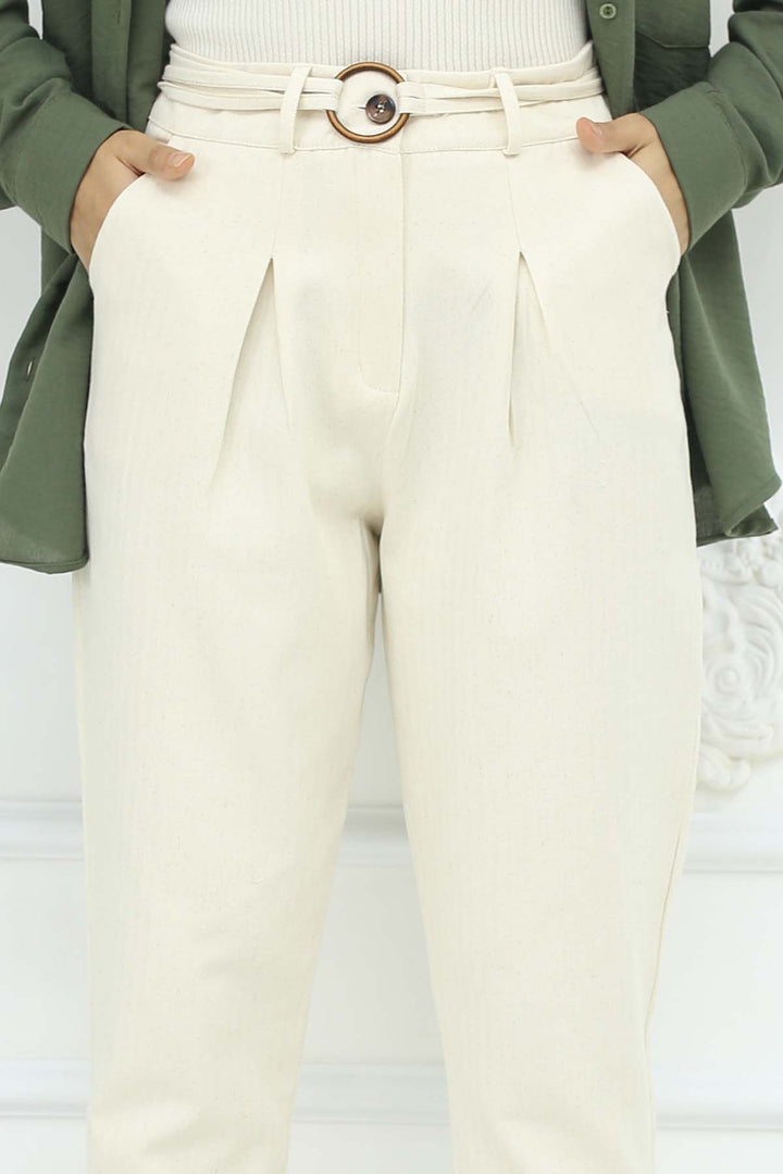 BNG Women Kemerli Keten Pantolon Taş Rengi 6660 - Apaseo el Grande