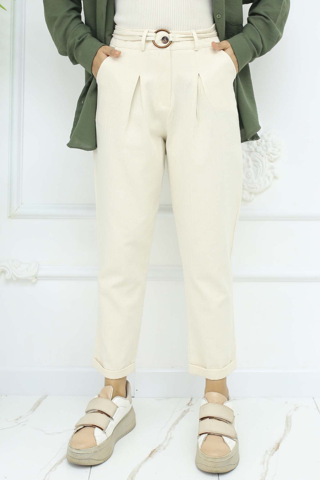 BNG Women Kemerli Keten Pantolon Taş Rengi 6660 - Apaseo el Grande