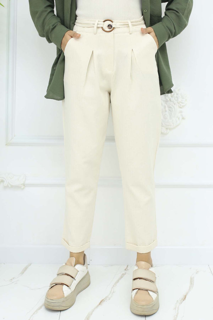 BNG Women Kemerli Keten Pantolon Taş Rengi 6660 - Apaseo el Grande