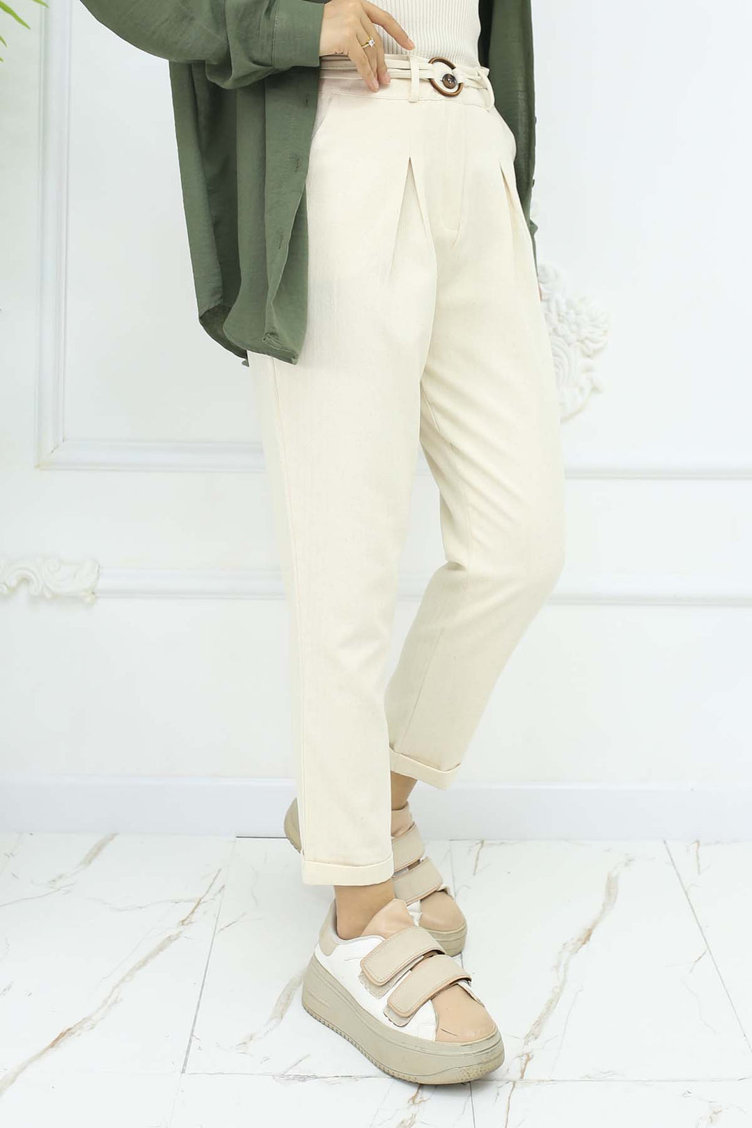 BNG Women Kemerli Keten Pantolon Taş Rengi 6660 - Apaseo el Grande