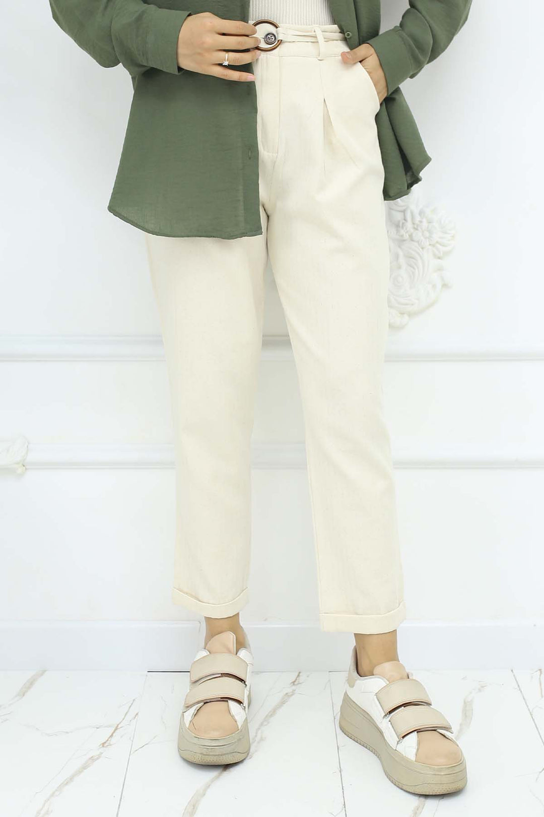 BNG Women Kemerli Keten Pantolon Taş Rengi 6660 - Apaseo el Grande