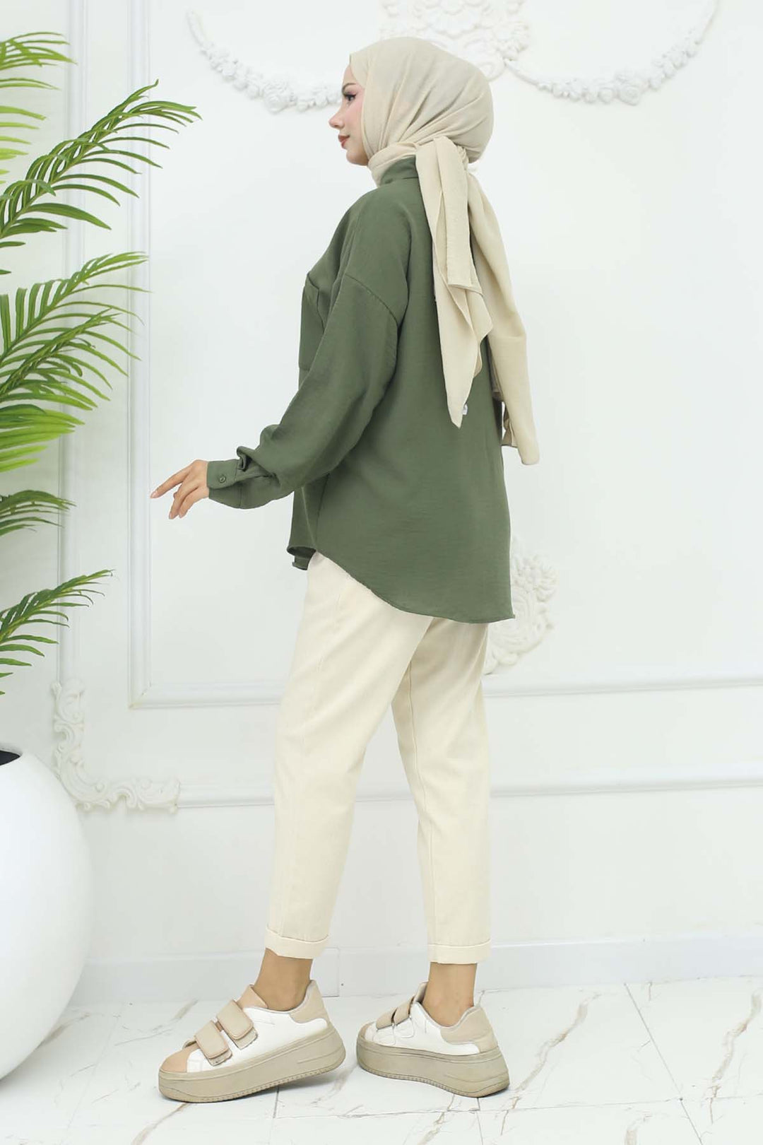 BNG Women Kemerli Keten Pantolon Taş Rengi 6660 - Apaseo el Grande