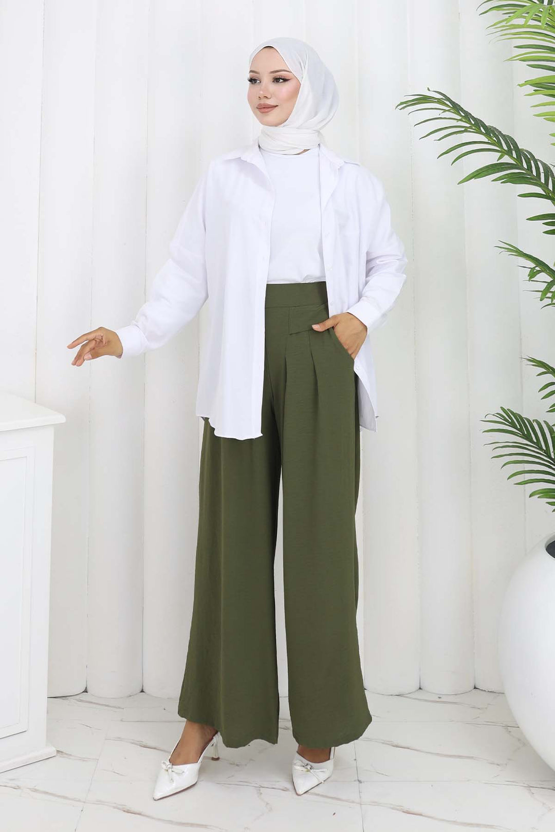 BNG Women Geniş Paça Pileli Pantolon Haki 6718 - Cuauhtémoc