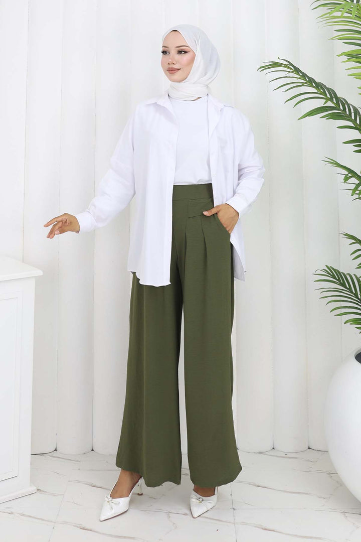 BNG Women Geniş Paça Pileli Pantolon Haki 6718 - Cuauhtémoc