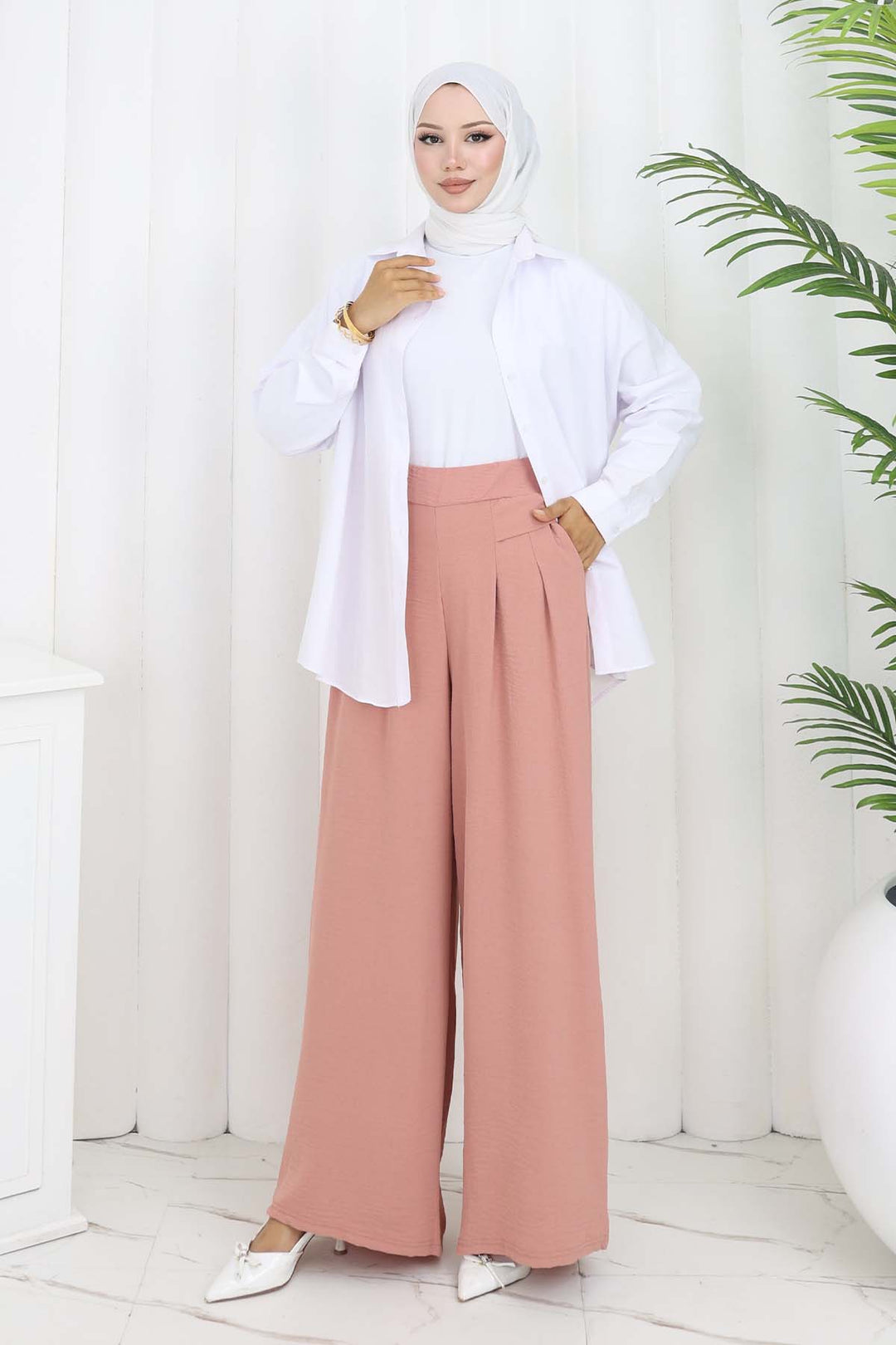 BNG Women Geniş Paça Pileli Pantolon Pudra 6718 - Cassino