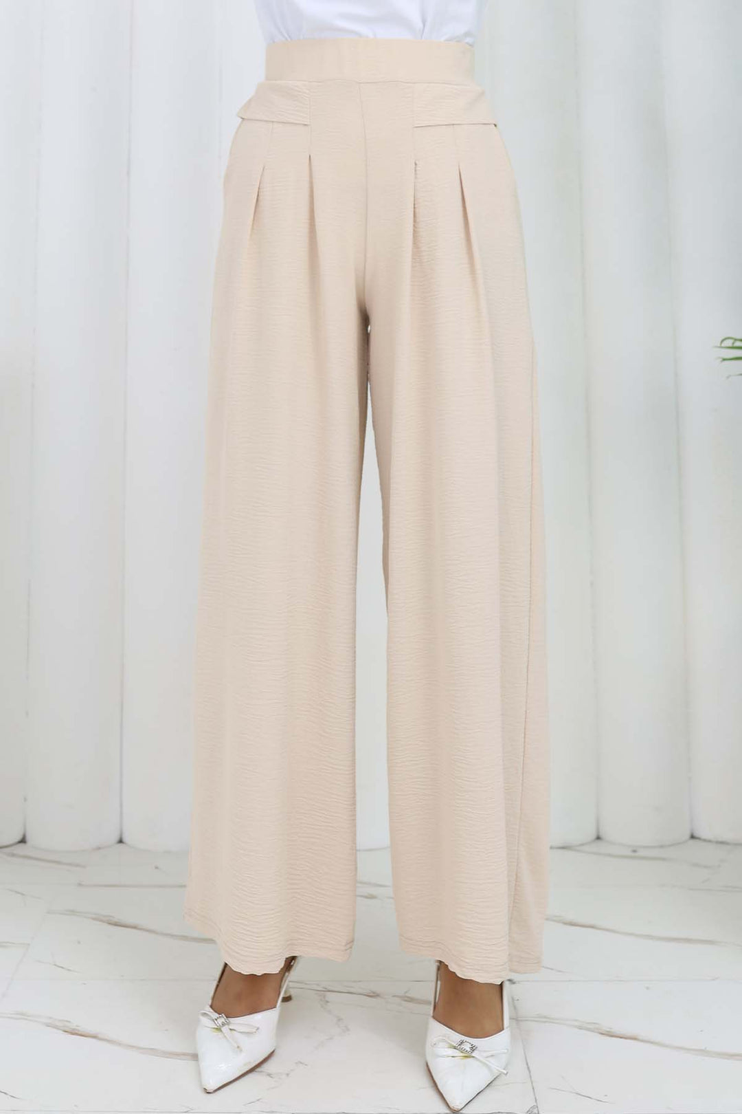 BNG Women Geniş Paça Pileli Pantolon Taş Rengi 6718 - Fasano