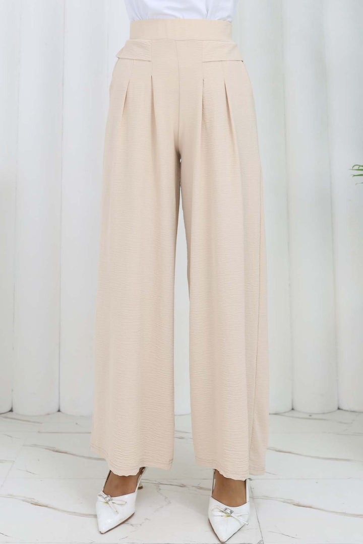 BNG Women Geniş Paça Pileli Pantolon Taş Rengi 6718 - Fasano