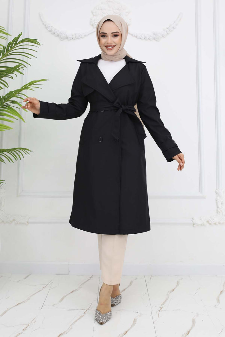 BNG Women Belted Double Breasted Trench Coat Black 5918 - Huntersville