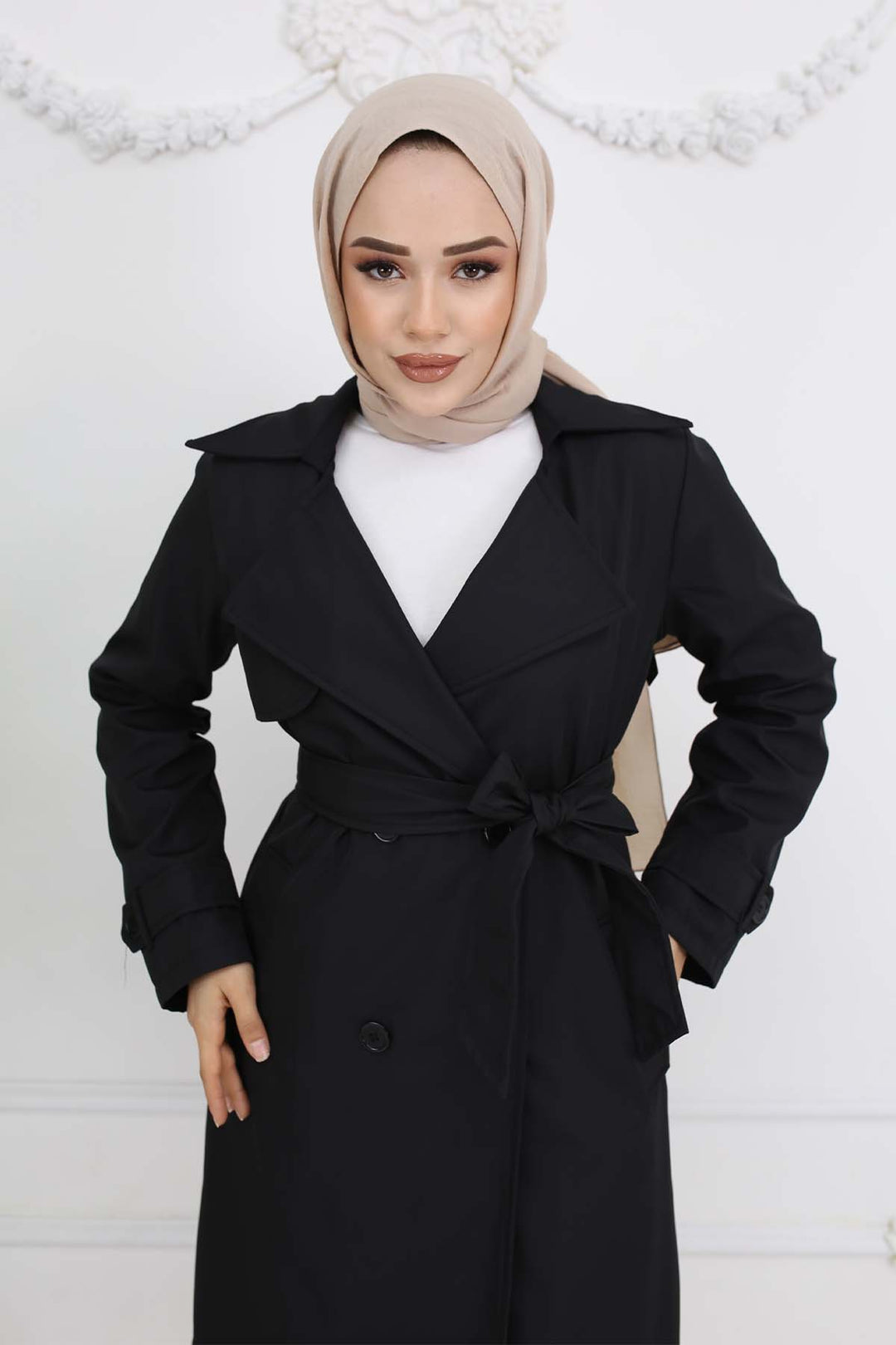 BNG Women Kuşaklı Kruvaze Yaka Trençkot Siyah 5918 - Calgary