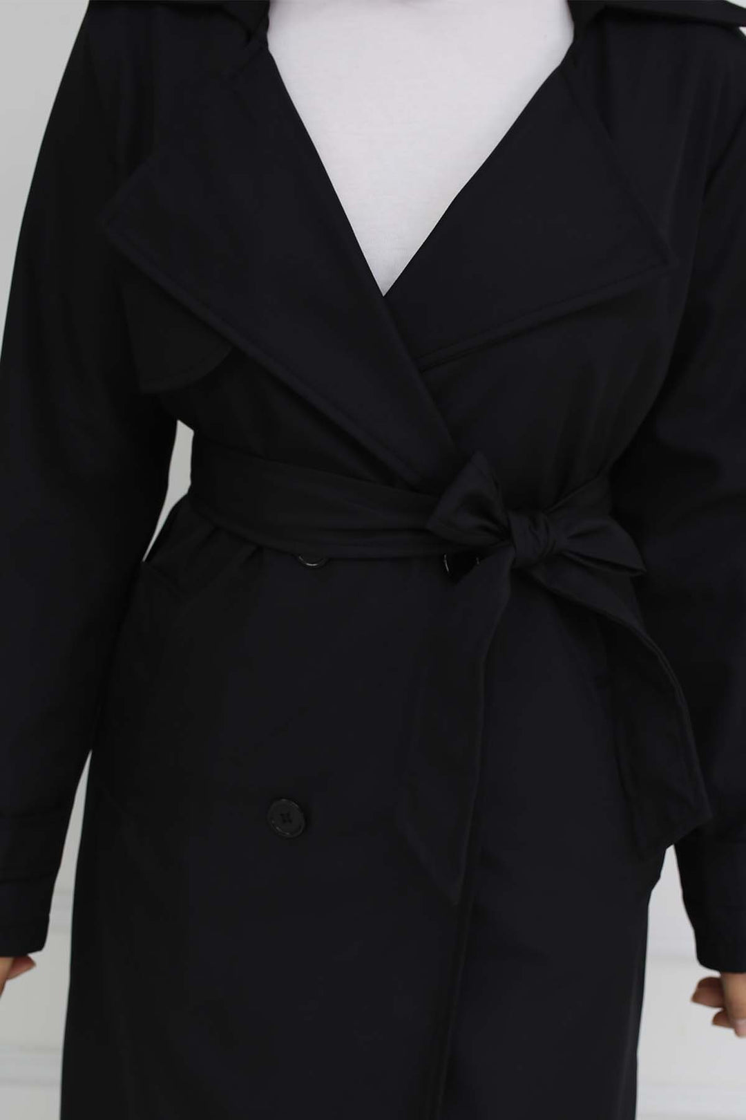 BNG Women Kuşaklı Kruvaze Yaka Trençkot Siyah 5918 - Calgary