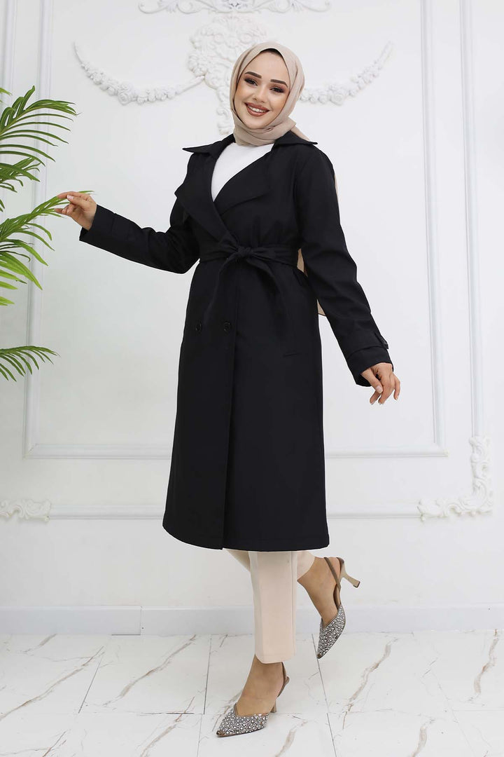 BNG Women Kuşaklı Kruvaze Yaka Trençkot Siyah 5918 - Calgary