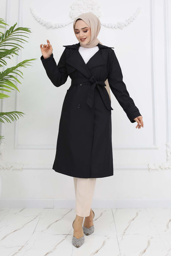 BNG Women Belted Double Breasted Trench Coat Black 5918 - Huntersville