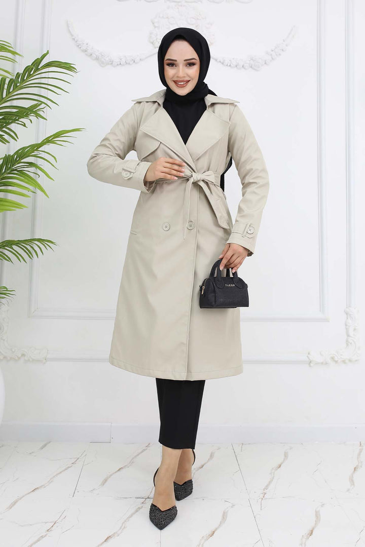 BNG Women Belted Double Breasted Trench Coat Stone Color 5918 - Wentzville