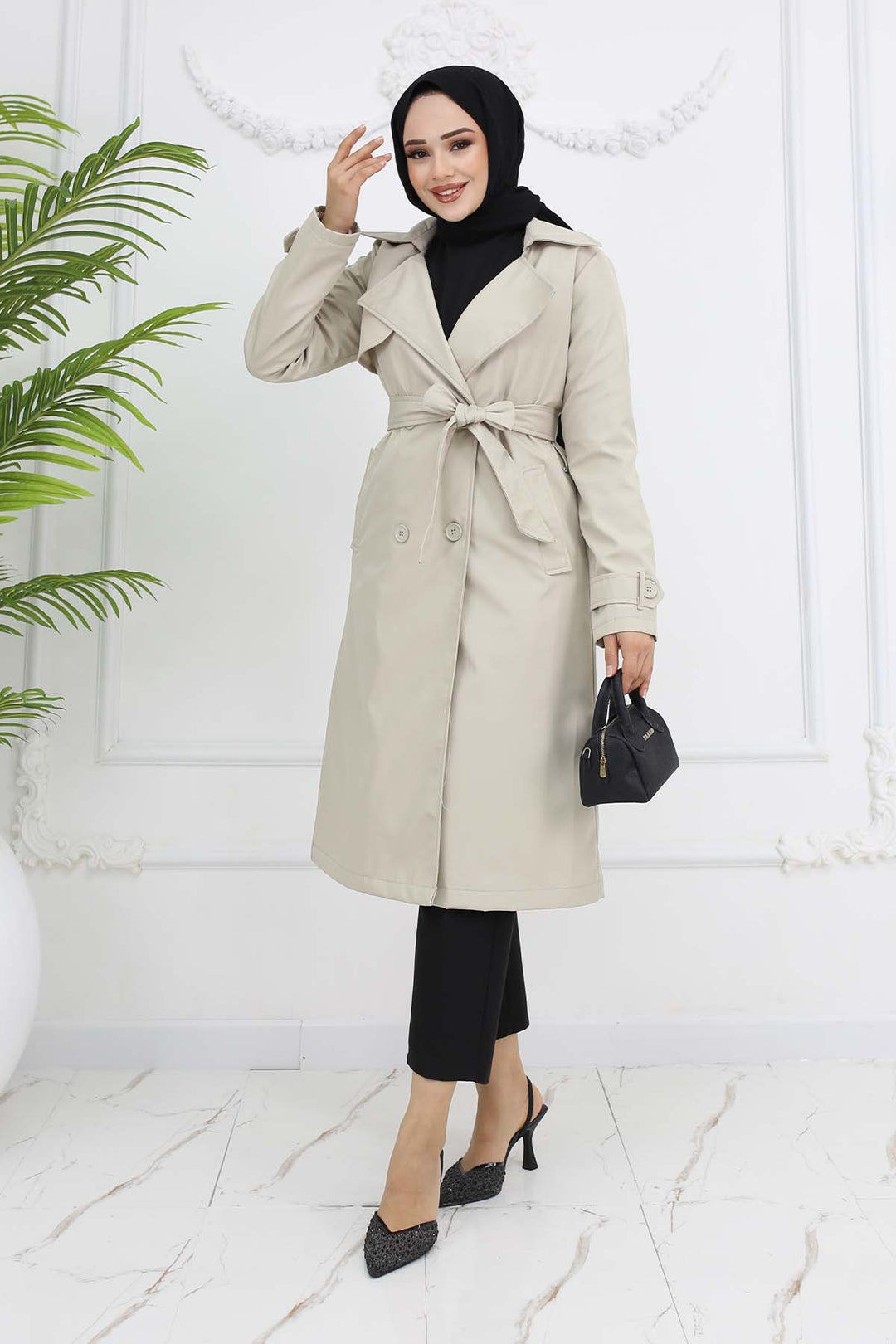 BNG Women Belted Double Breasted Trench Coat Stone Color 5918 - Wentzville