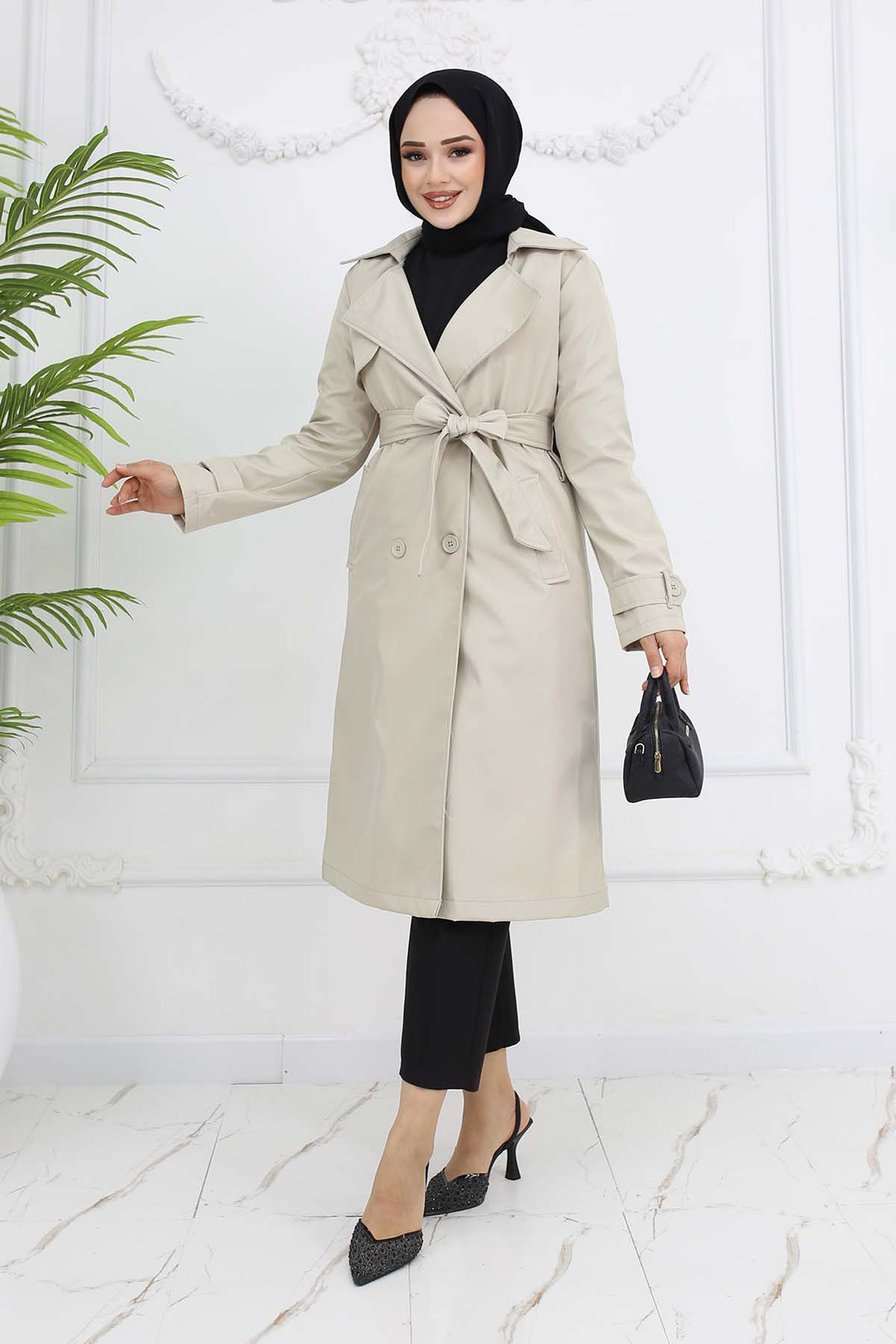 BNG Women Belted Double Breasted Trench Coat Stone Color 5918 - Dunedin