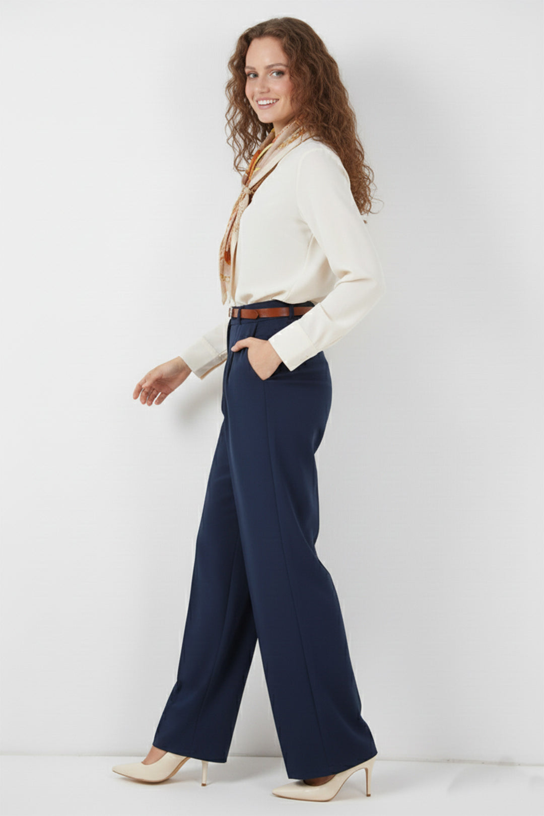 BNG Women Kemerli Tesettür Pantolon 6696 Lacivert - Busto Arsizio