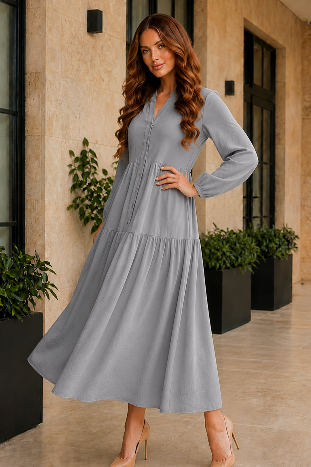 BNG Women Tesettür Elbise B2527 Gri - Chelsea