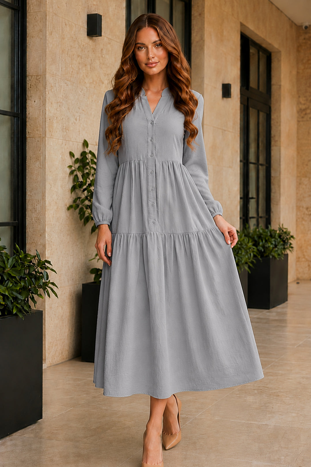 BNG Women Tesettür Elbise B2527 Gri - Chelsea