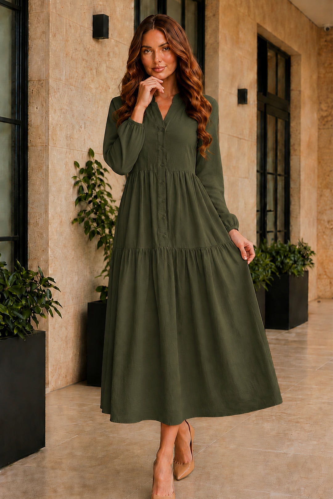 BNG Women Tesettür Elbise B2527 Haki - San Andrés Cholula