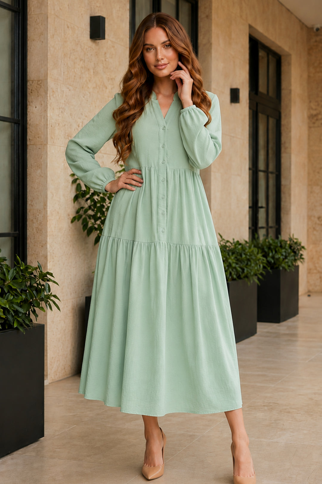 BNG Women Tesettür Elbise B2527 Mint Yeşili - Irvine