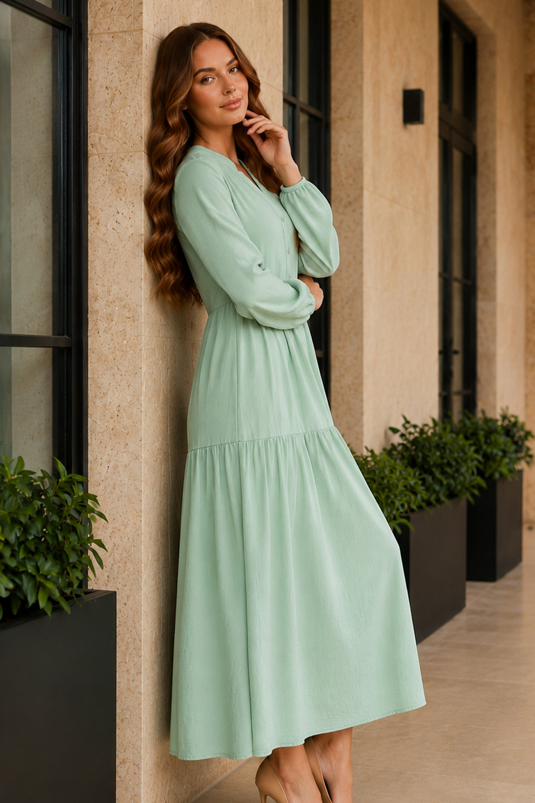 BNG Women Tesettür Elbise B2527 Mint Yeşili - Irvine