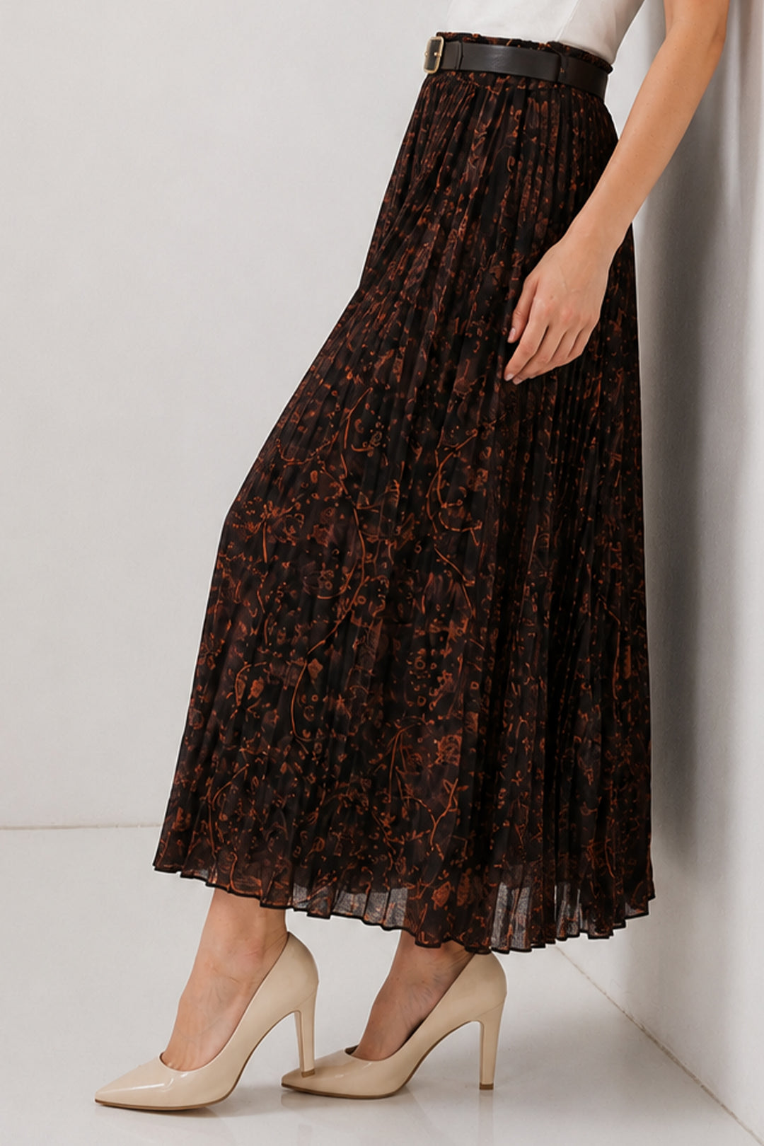 BNG Women Kemerli Desenli Etek B8074 Kahverengi - Kentwood