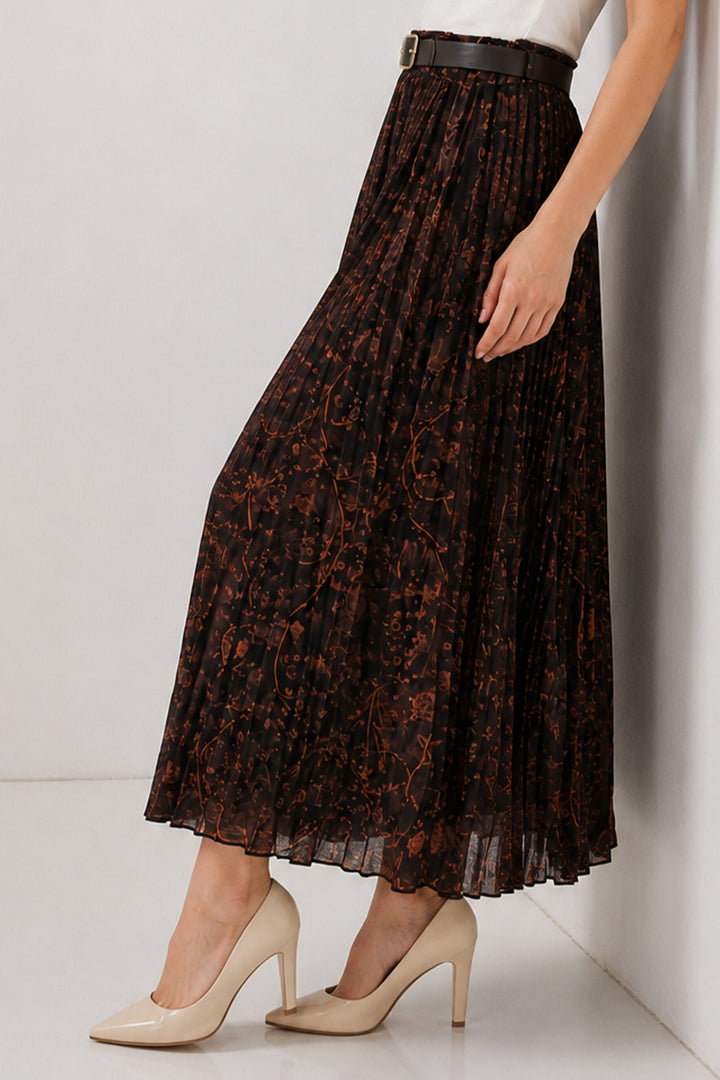BNG Women Kemerli Desenli Etek B8074 Kahverengi - Kentwood