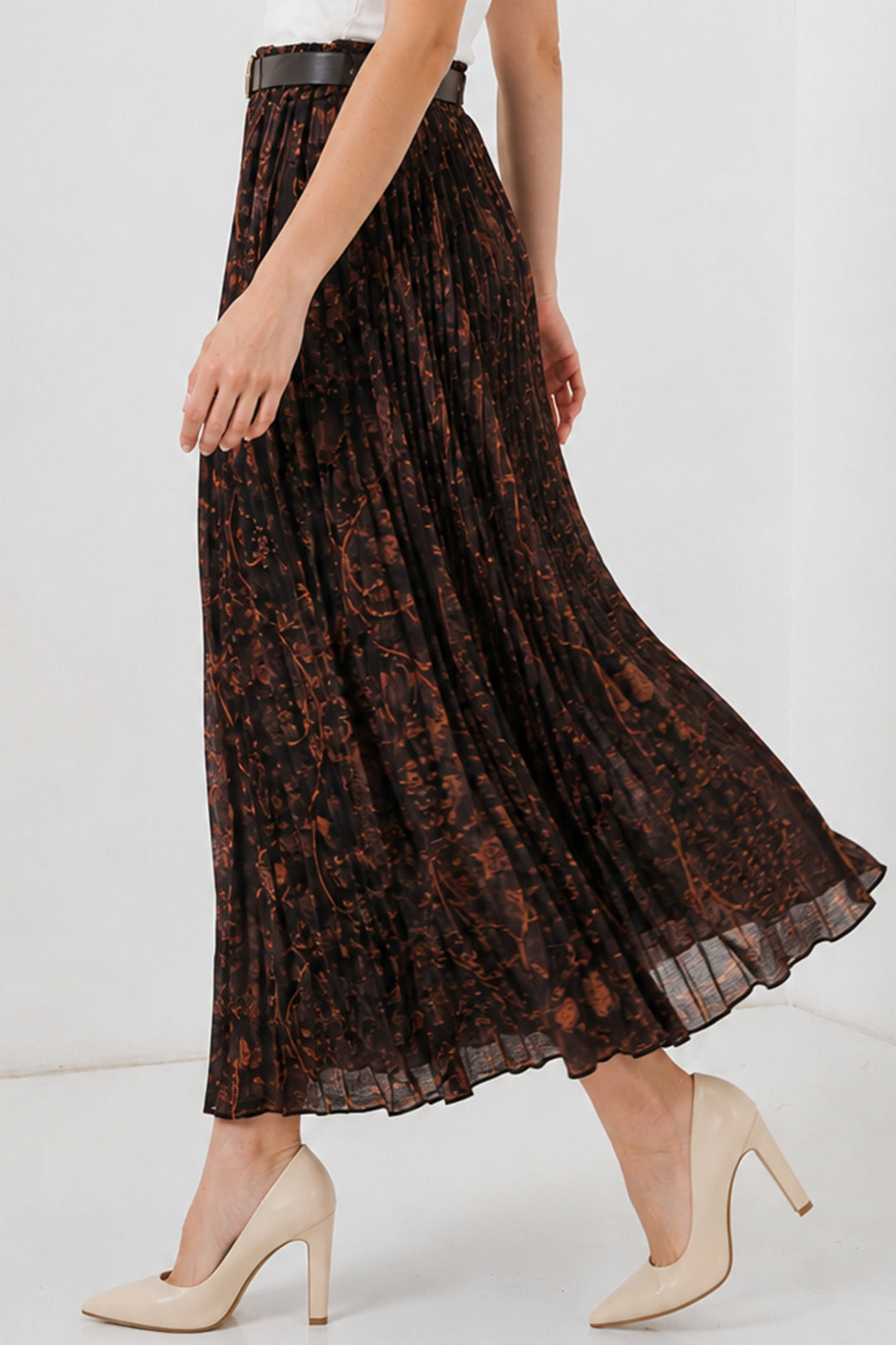 BNG Women Kemerli Desenli Etek B8074 Kahverengi - Kentwood