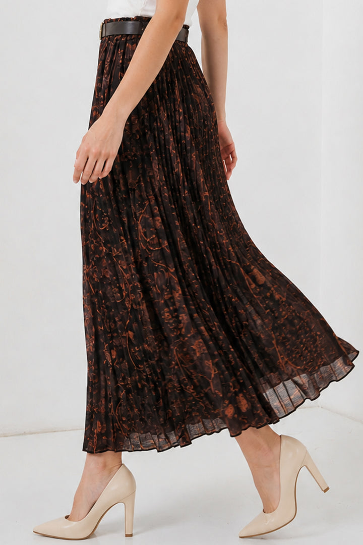 BNG Women Kemerli Desenli Etek B8074 Kahverengi - Kentwood